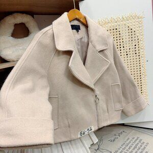 Cream Wool Blend Moto Jacket Zip Front Coat